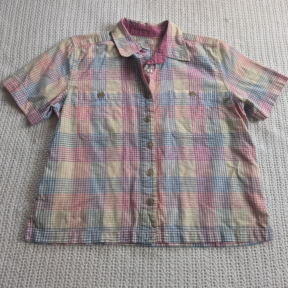 VTG Christopher & Banks Rainbow Plaid Short Sleeve Button Up Women's Size Small
